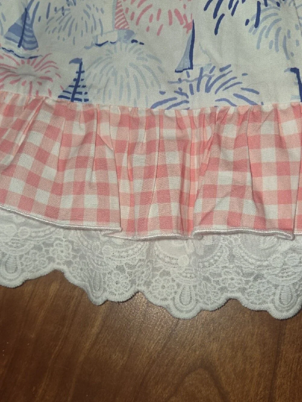 SweetHoney Pink and Blue Fireworks Print Sundress with Gingham Ruffle